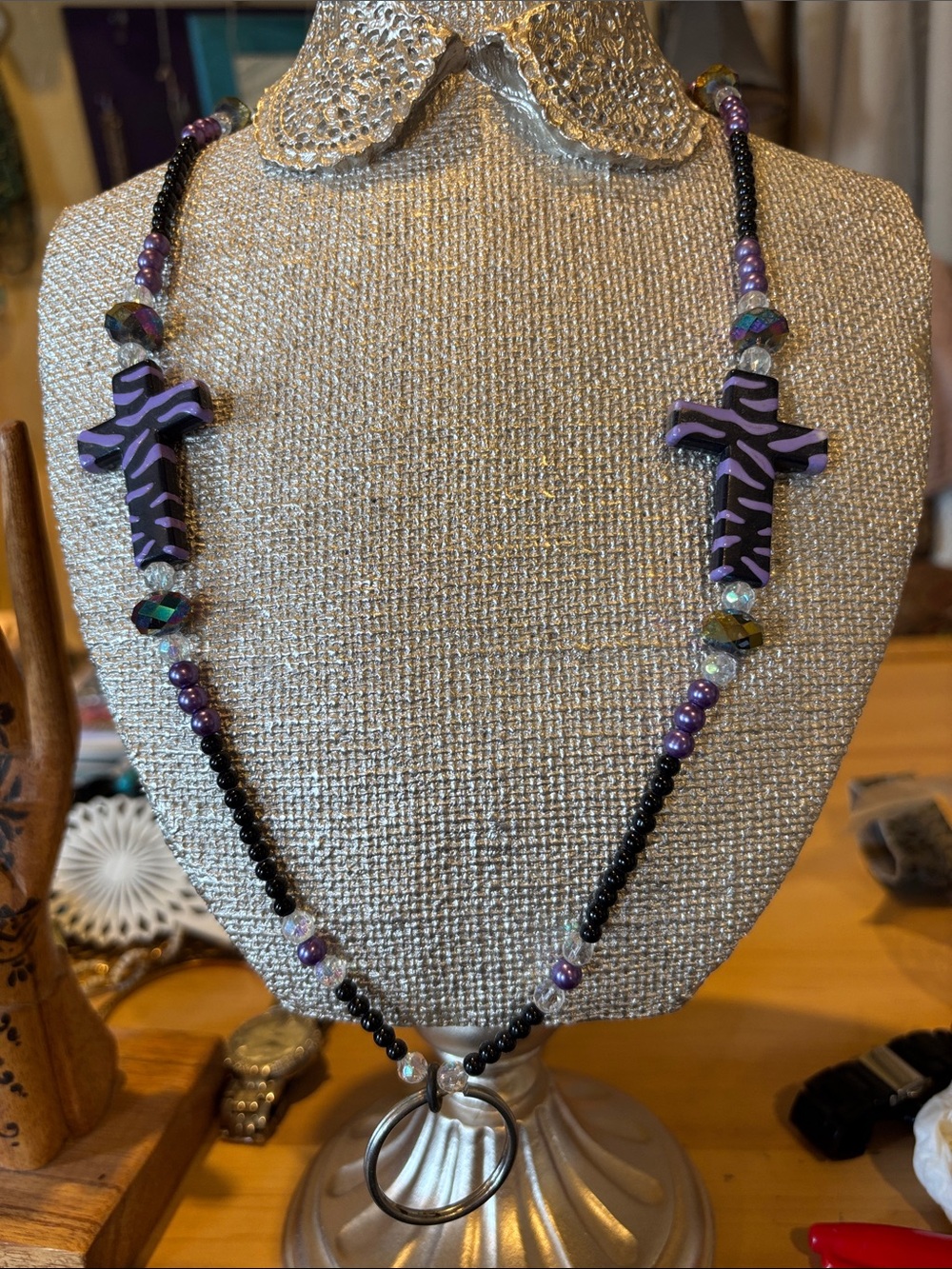 Handcrafted Purple Zebra Cross Beaded Necklace - Women Jewelry